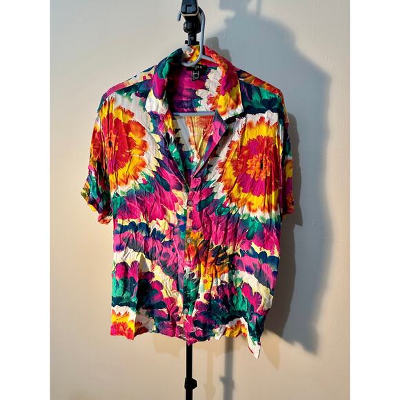 Rainbow Tye Dye Forever 21 Men's XL Short Sleeve Button-Up - Picture 1 of 3